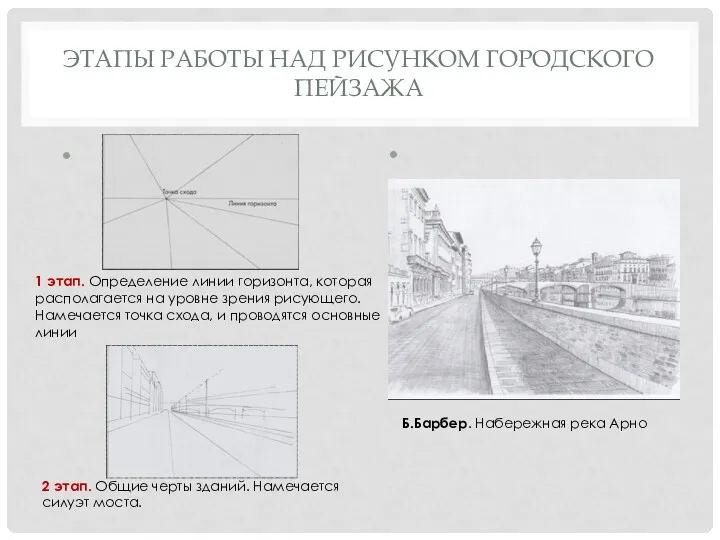 ЭТАПЫ РАБОТЫ НАД РИСУНКОМ ГОРОДСКОГО ПЕЙЗАЖА Б.Барбер. Набережная река Арно