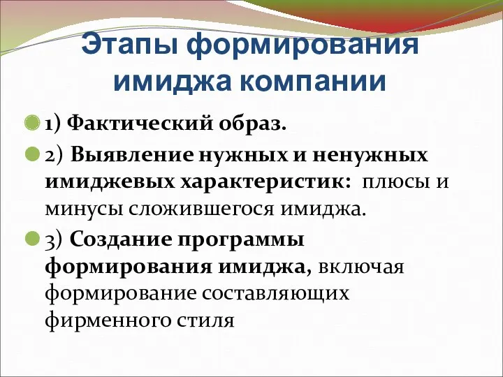 Этапы формирования имиджа компании 1) Фактический образ. 2) Выявление нужных