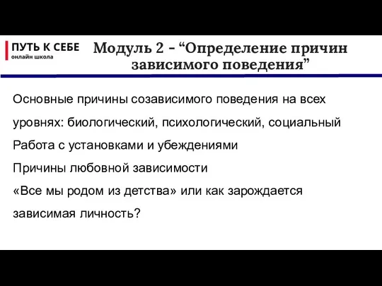 Основные причины созависимого поведения на всех уровнях: биологический, психологический, социальный Работа с установками