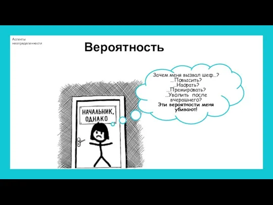 Вероятность Зачем меня вызвал шеф…? …Повысить? …Наорать? …Премировать? …Уволить после