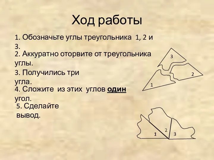 Ход работы 2. Аккуратно оторвите от треугольника углы. 3. Получились