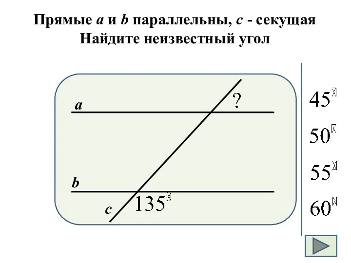 Прямые а и b параллельны, с - секущая Найдите неизвестный угол а b с