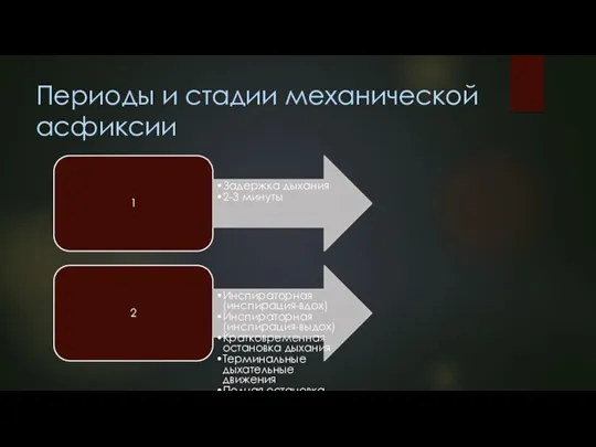 Периоды и стадии механической асфиксии 1 Задержка дыхания 2-3 минуты 2 Инспираторная (инспирация-вдох)