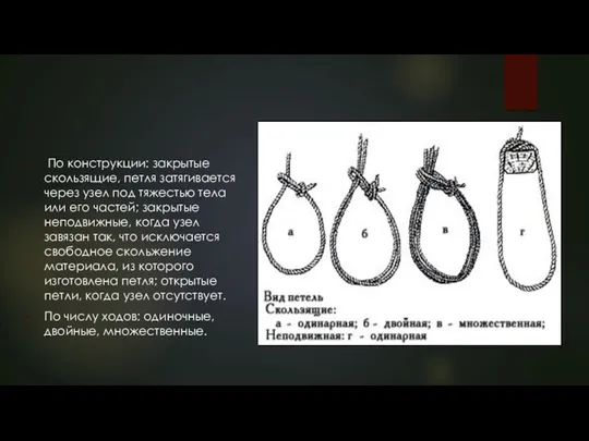 По конструкции: закрытые скользящие, петля затягивается через узел под тяжестью