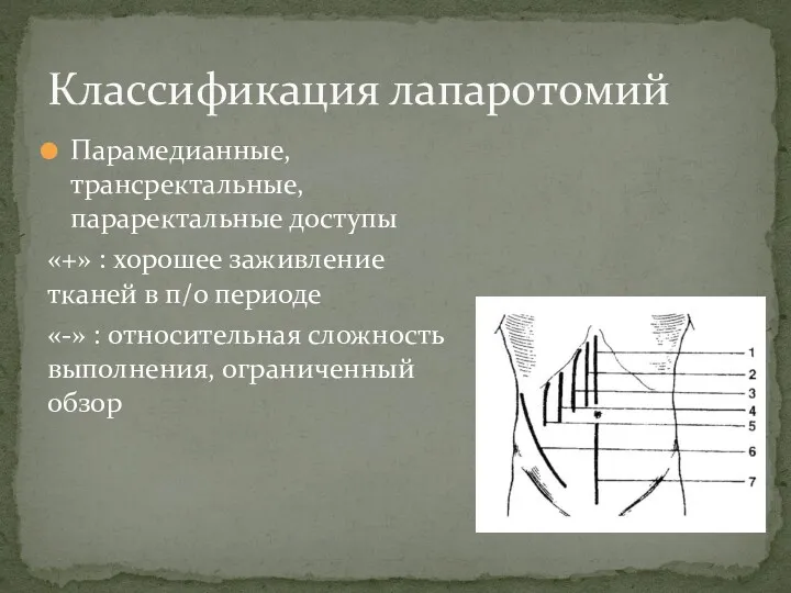 Парамедианные, трансректальные, параректальные доступы «+» : хорошее заживление тканей в