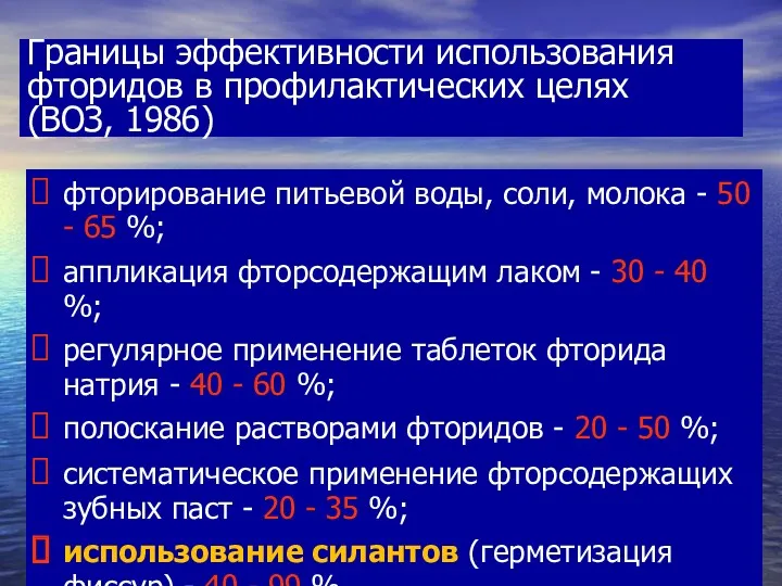 Границы эффективности использования фторидов в профилактических целях (ВОЗ, 1986) фторирование питьевой воды, соли,