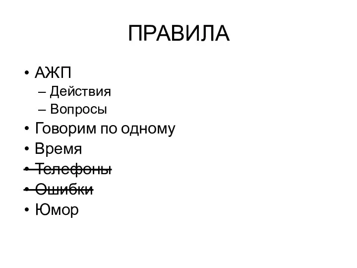 ПРАВИЛА АЖП Действия Вопросы Говорим по одному Время Телефоны Ошибки Юмор