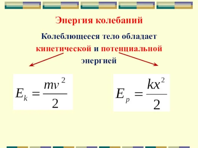 Энергия колебаний Колеблющееся тело обладает кинетической и потенциальной энергией