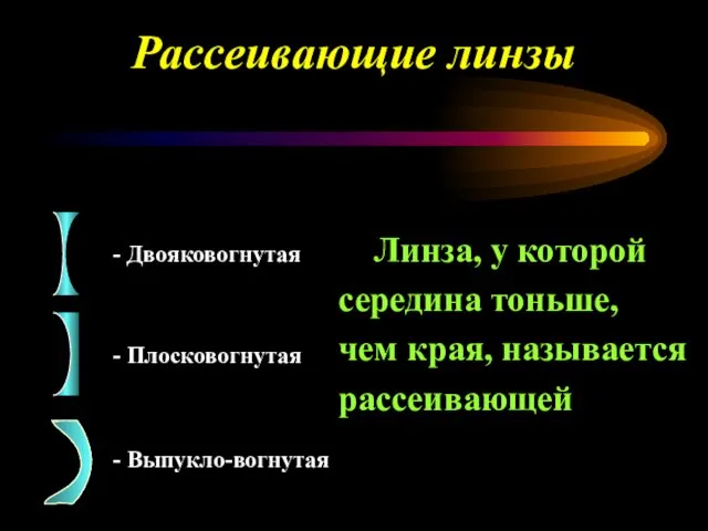 Рассеивающие линзы - Двояковогнутая - Плосковогнутая - Выпукло-вогнутая Линза, у