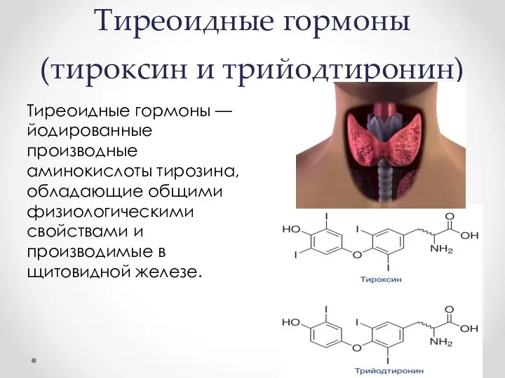 Тиреоидные гормоны (тироксин и трийодтиронин) Тиреоидные гормоны — йодированные производные аминокислоты тирозина, обладающие
