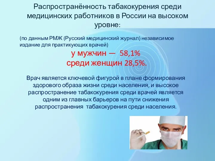 Распространённость табакокурения среди медицинских работников в России на высоком уровне: (по данным РМЖ