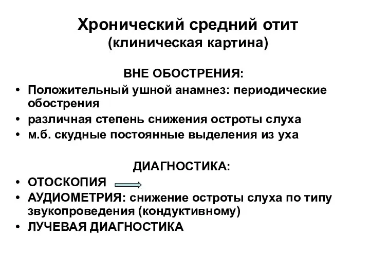 Хронический средний отит (клиническая картина) ВНЕ ОБОСТРЕНИЯ: Положительный ушной анамнез: