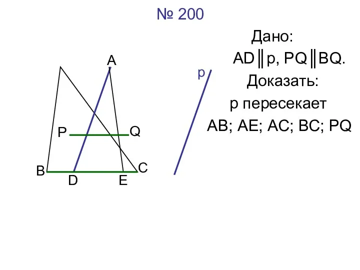 № 200 Дано: AD║p, PQ║BQ. Доказать: р пересекает АВ; АЕ;