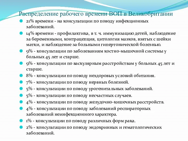 Распределение рабочего времени ВОП в Великобритании 21% времени - на