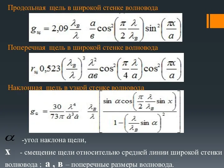 Продольная щель в широкой стенке волновода Поперечная щель в широкой