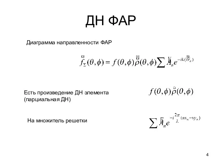 ДН ФАР Диаграмма направленности ФАР Есть произведение ДН элемента (парциальная ДН) На множитель решетки