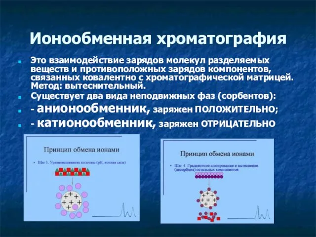 Ионообменная хроматография Это взаимодействие зарядов молекул разделяемых веществ и противоположных