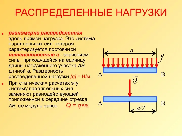 РАСПРЕДЕЛЕННЫЕ НАГРУЗКИ равномерно распределенная вдоль прямой нагрузка. Это система параллельных