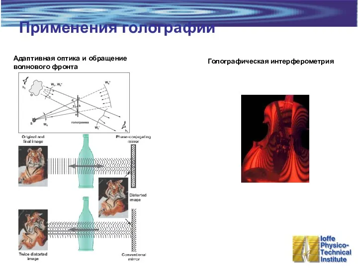 Применения голографии Голографическая интерферометрия Адаптивная оптика и обращение волнового фронта