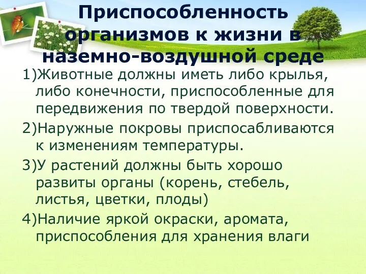 Приспособленность организмов к жизни в наземно-воздушной среде 1)Животные должны иметь