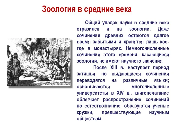 Зоология в средние века Общий упадок науки в средние века