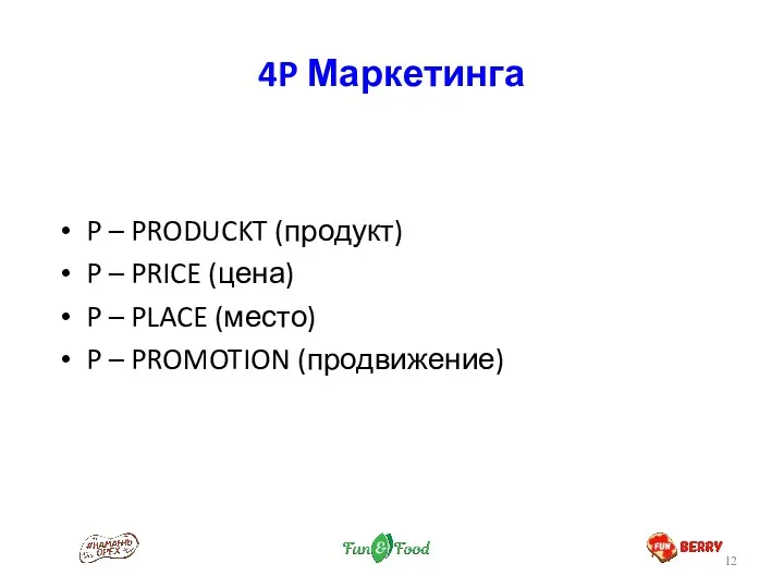 4P Маркетинга P – PRODUCKT (продукт) P – PRICE (цена) P – PLACE
