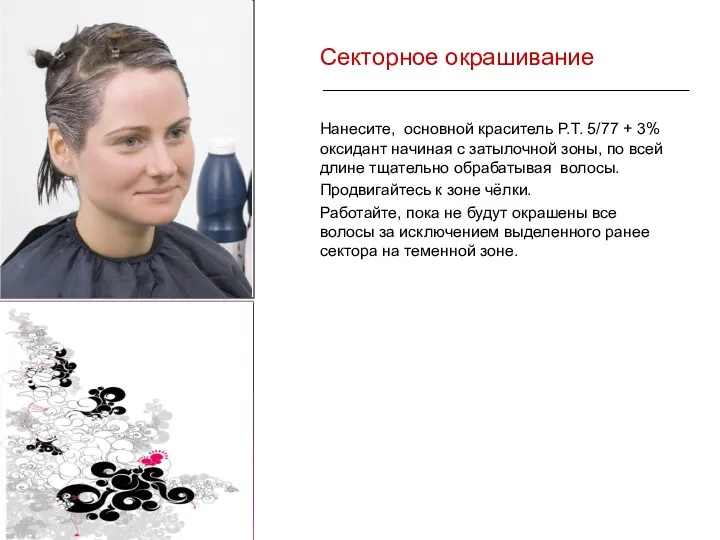 Секторное окрашивание Нанесите, основной краситель P.T. 5/77 + 3% оксидант