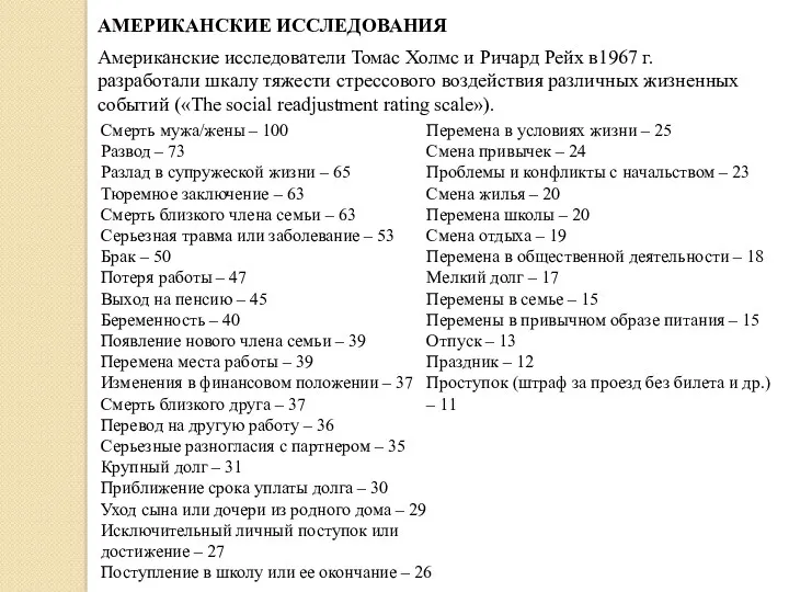 АМЕРИКАНСКИЕ ИССЛЕДОВАНИЯ Американские исследователи Томас Холмс и Ричард Рейх в1967