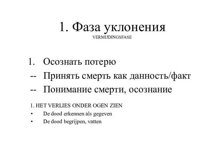 1. Фаза уклонения VERMIJDINGSFASE Осознать потерю -- Принять смерть как