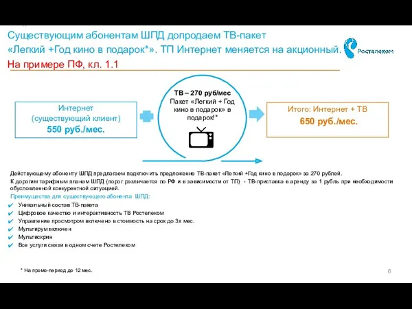 Существующим абонентам ШПД допродаем ТВ-пакет «Легкий +Год кино в подарок*».