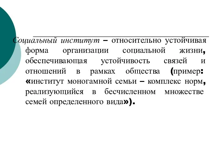 Социальный институт – относительно устойчивая форма организации социальной жизни, обеспечивающая