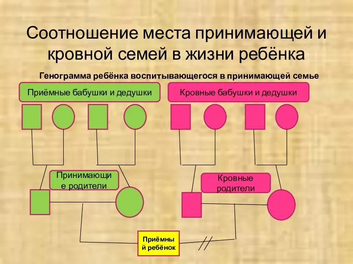 Соотношение места принимающей и кровной семей в жизни ребёнка Генограмма