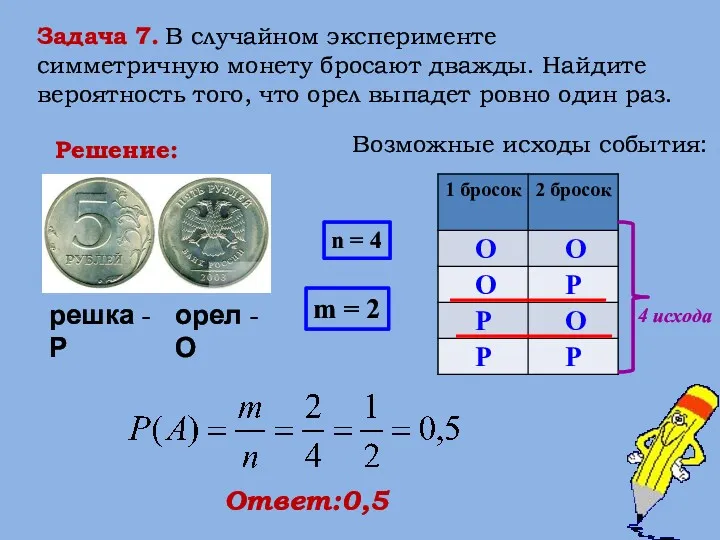 Задача 7. В случайном эксперименте симметричную монету бросают дважды. Найдите