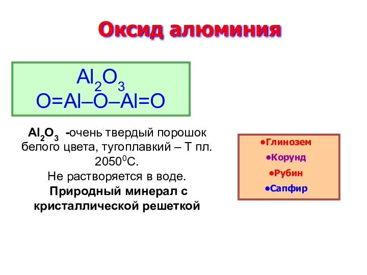 Оксид алюминия Al2O3 O=Al–O–Al=O Глинозем Корунд Рубин Сапфир Al2O3 -очень