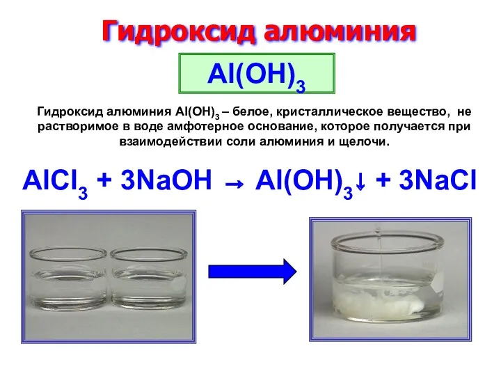 Гидроксид алюминия Al(OH)3 AlCl3 + 3NaOH → Al(OH)3↓ + 3NaCl