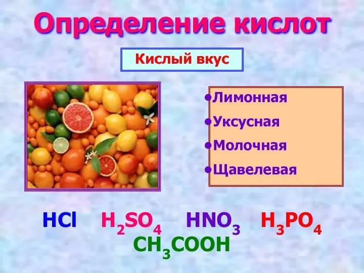 Определение кислот Кислый вкус Лимонная Уксусная Молочная Щавелевая HCl H2SO4 HNO3 H3PO4 CH3COOH
