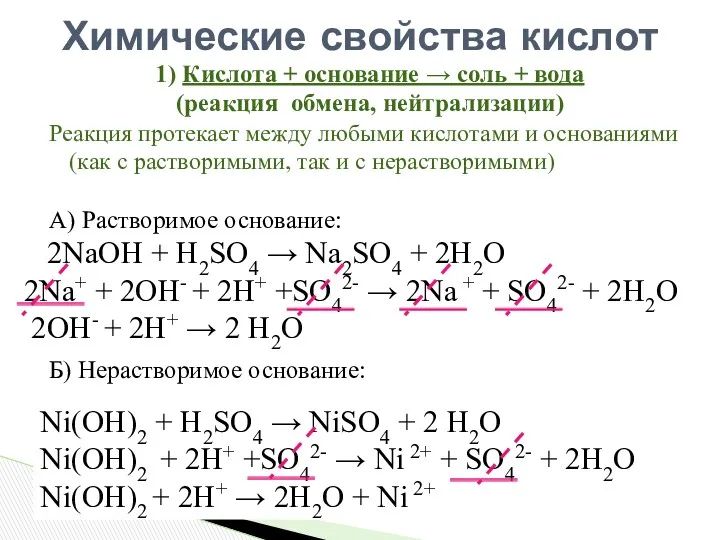 1) Кислота + основание → соль + вода (реакция обмена,