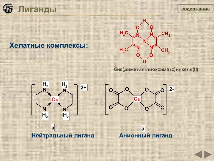 Хелатные комплексы: Лиганды содержание Нейтральный лиганд Анионный лиганд бис(диметилглиоксимато)никель(II)