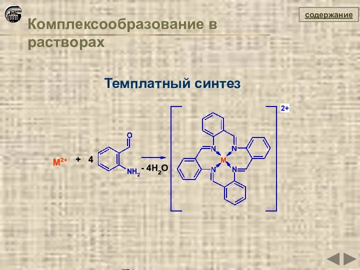 Комплексообразование в растворах содержание Темплатный синтез M2+ M + 4 - 4H2O