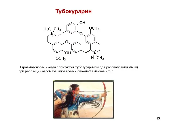 Тубокурарин В травматологии иногда пользуются тубокурарином для расслабления мышц при