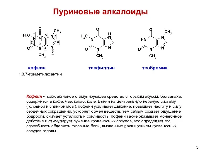 Пуриновые алкалоиды кофеин теофиллин теобромин 1,3,7-триметилксантин Кофеин - психоактивное стимулирующее