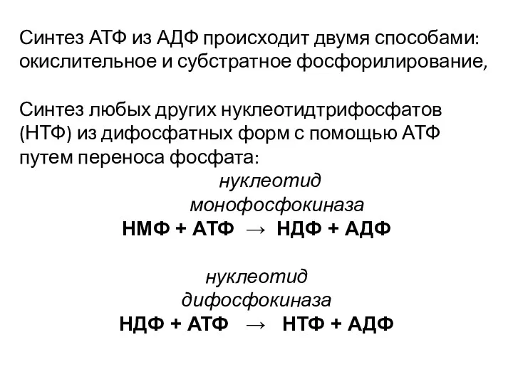 Синтез АТФ из АДФ происходит двумя способами: окислительное и субстратное