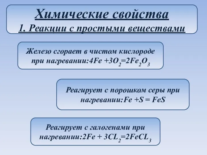 Химические свойства 1. Реакции с простыми веществами Железо сгорает в