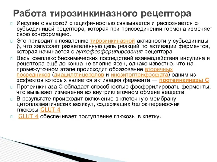 Инсулин с высокой специфичностью связывается и распознаётся α-субъединицей рецептора, которая