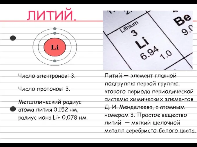 Литий — элемент главной подгруппы первой группы, второго периода периодической