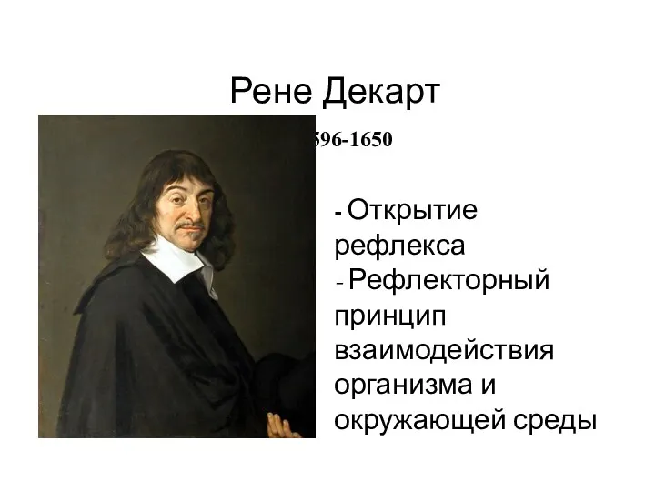 Рене Декарт 1596-1650 - Открытие рефлекса - Рефлекторный принцип взаимодействия организма и окружающей среды