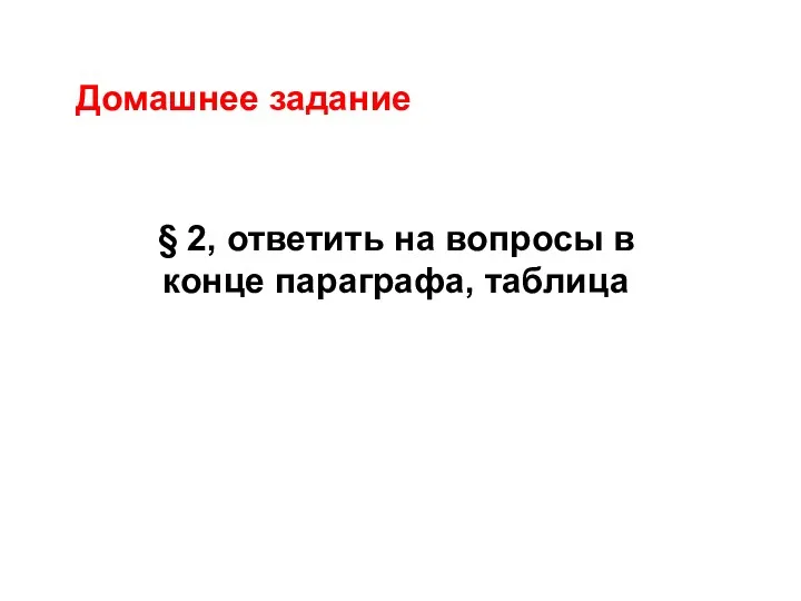 Домашнее задание § 2, ответить на вопросы в конце параграфа, таблица