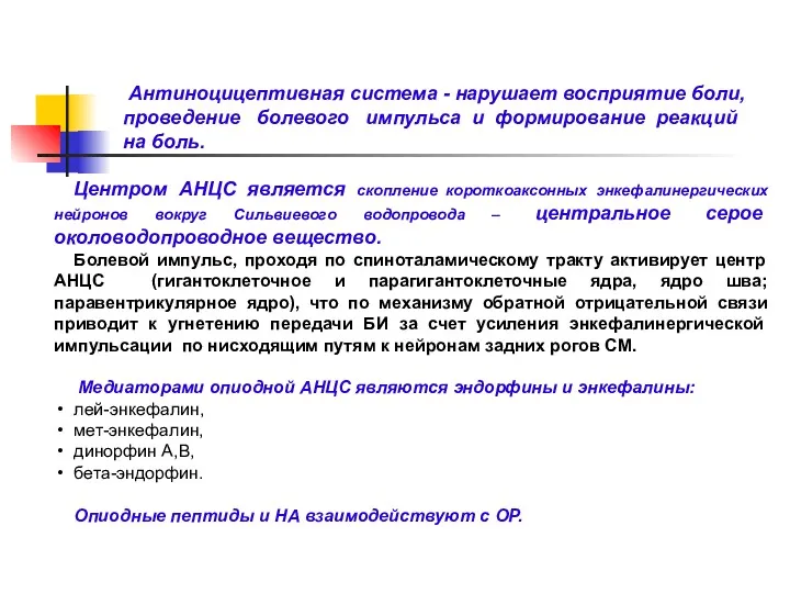 Антиноцицептивная система - нарушает восприятие боли, проведение болевого импульса и