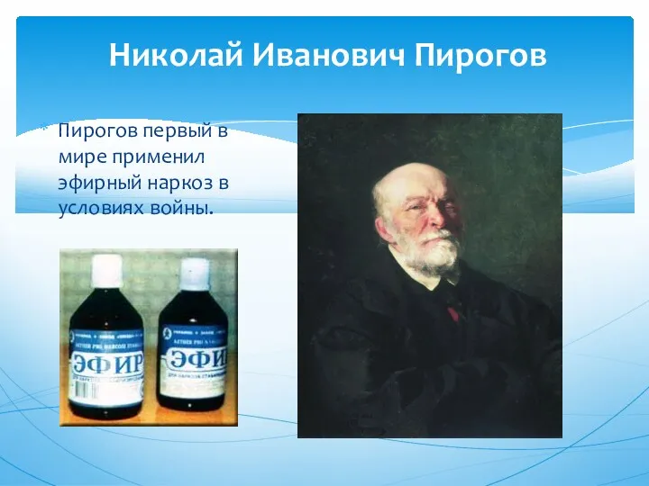 Николай Иванович Пирогов Пирогов первый в мире применил эфирный наркоз в условиях войны.