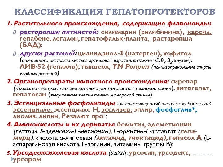 КЛАССИФИКАЦИЯ ГЕПАТОПРОТЕКТОРОВ 1. Растительного происхождения, содержащие флавоноиды: расторопши пятнистой: силимарин